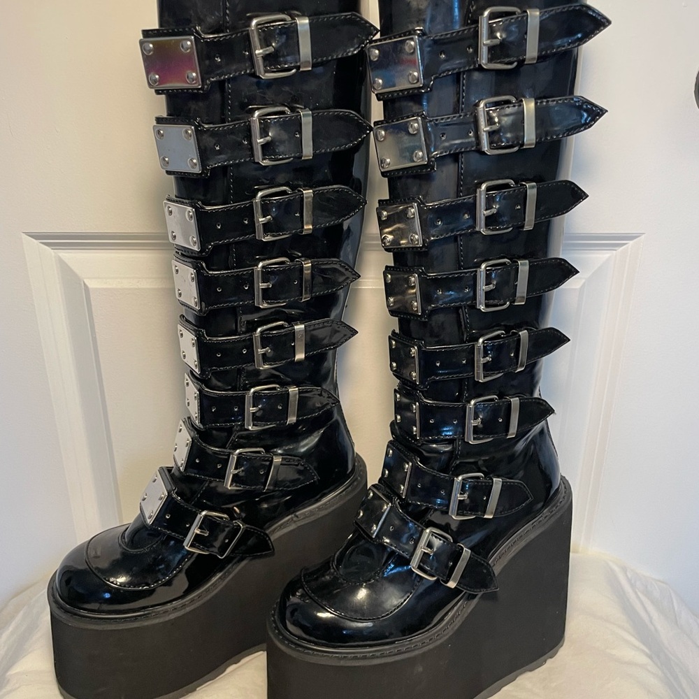 DEMONIA SWING-815 PATENT VEGAN BLACK PLATFORM BOOTS